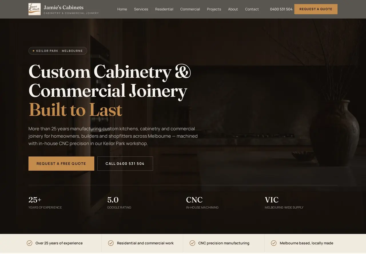 Desktop homepage of the Jamie's Cabinets website designed by Aventra Digital