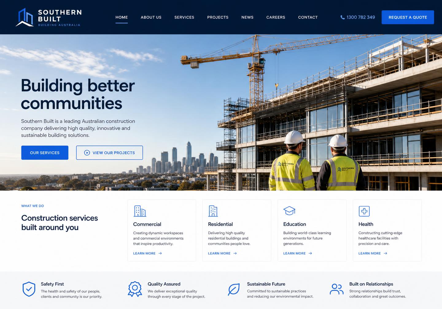 Example of a modern Australian construction business website designed by Aventra Digital